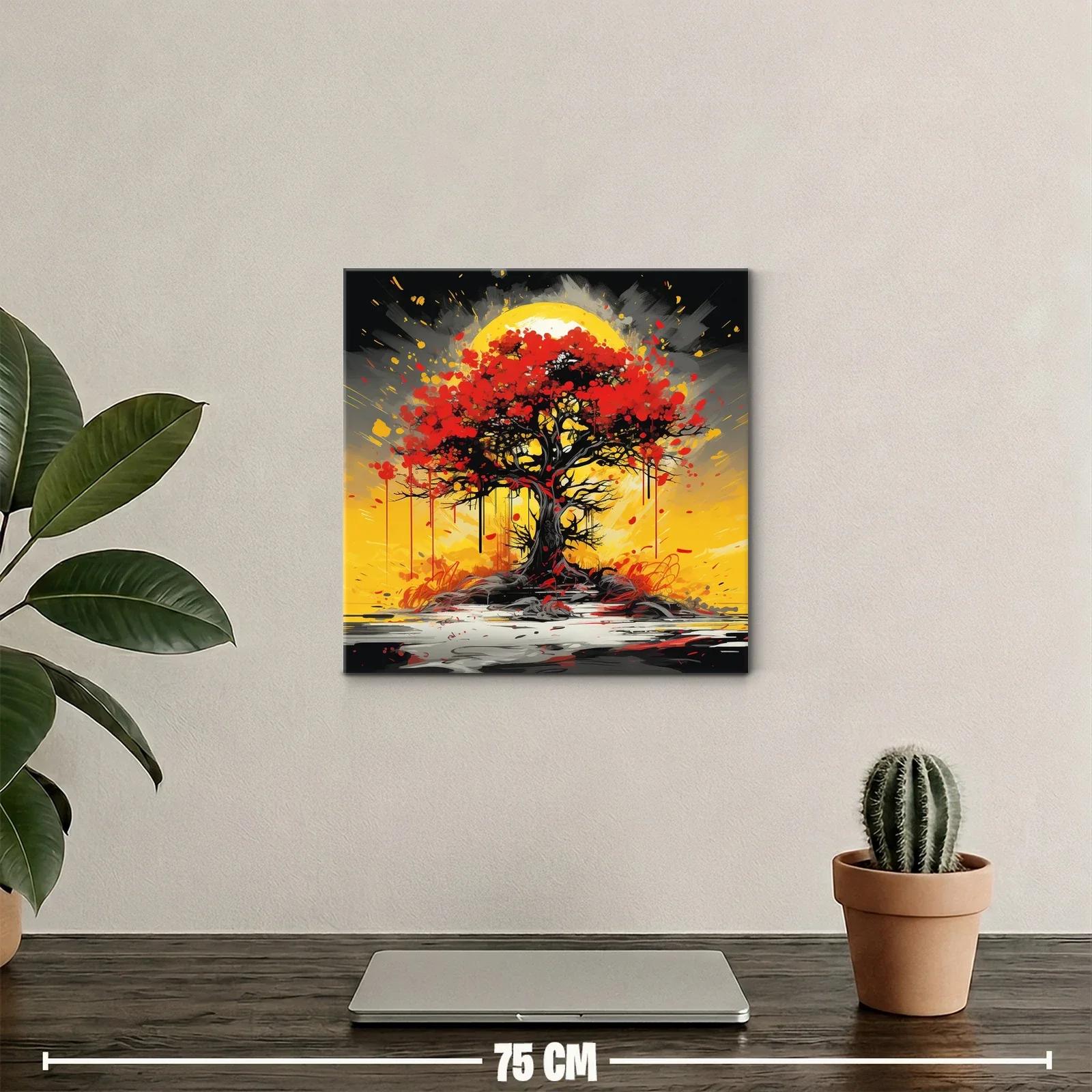 Árbol rojo vibrante con fondo amarillo intenso — miniatura 2
