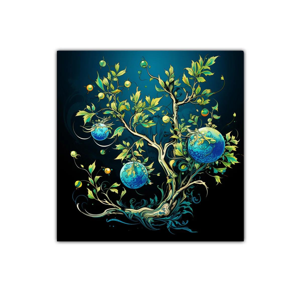 Árbol imaginario con esferas azules y tonos verdes vibrantes