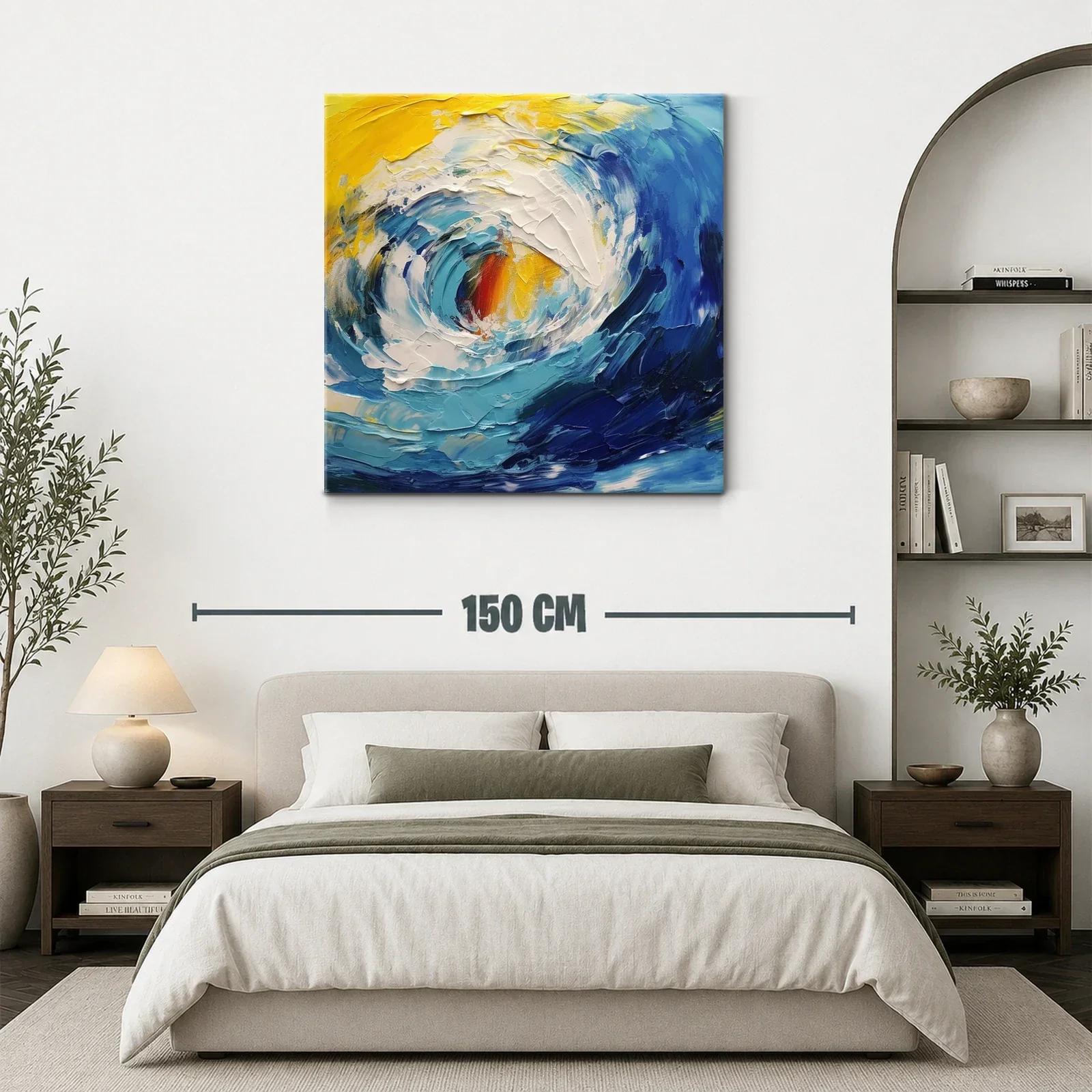 Cuadro abstracto de oleaje dinámico en tonos azul y amarillo — miniatura 3
