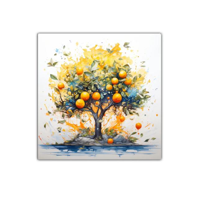 Árbol de naranjas vibrantes con fondo luminoso y acuarelas