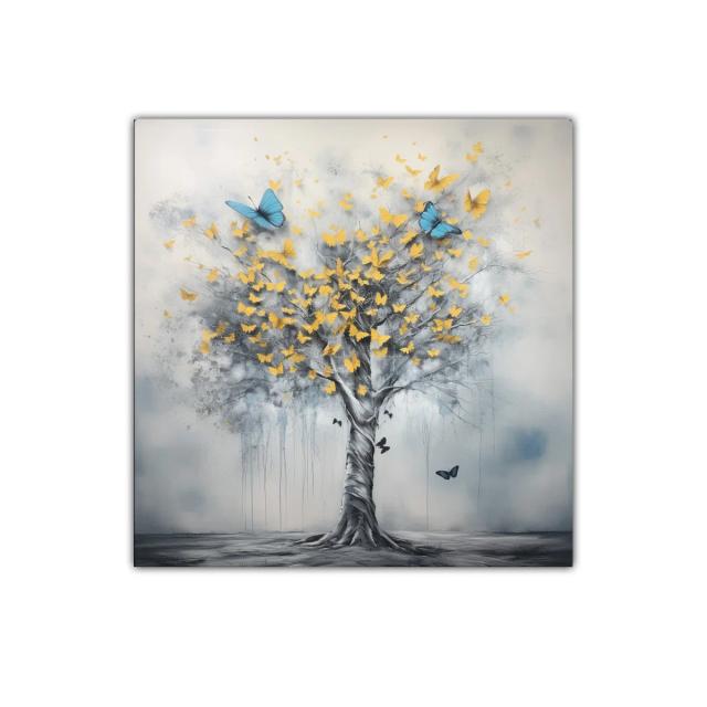 Árbol con mariposas doradas y azules en movimiento
