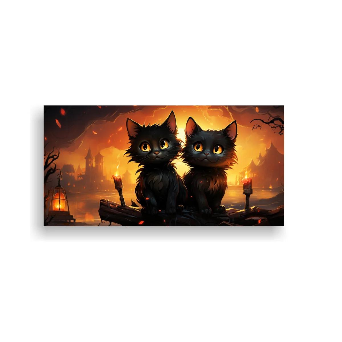 Cuadro dos gatos negros con antorchas y brillo nocturno