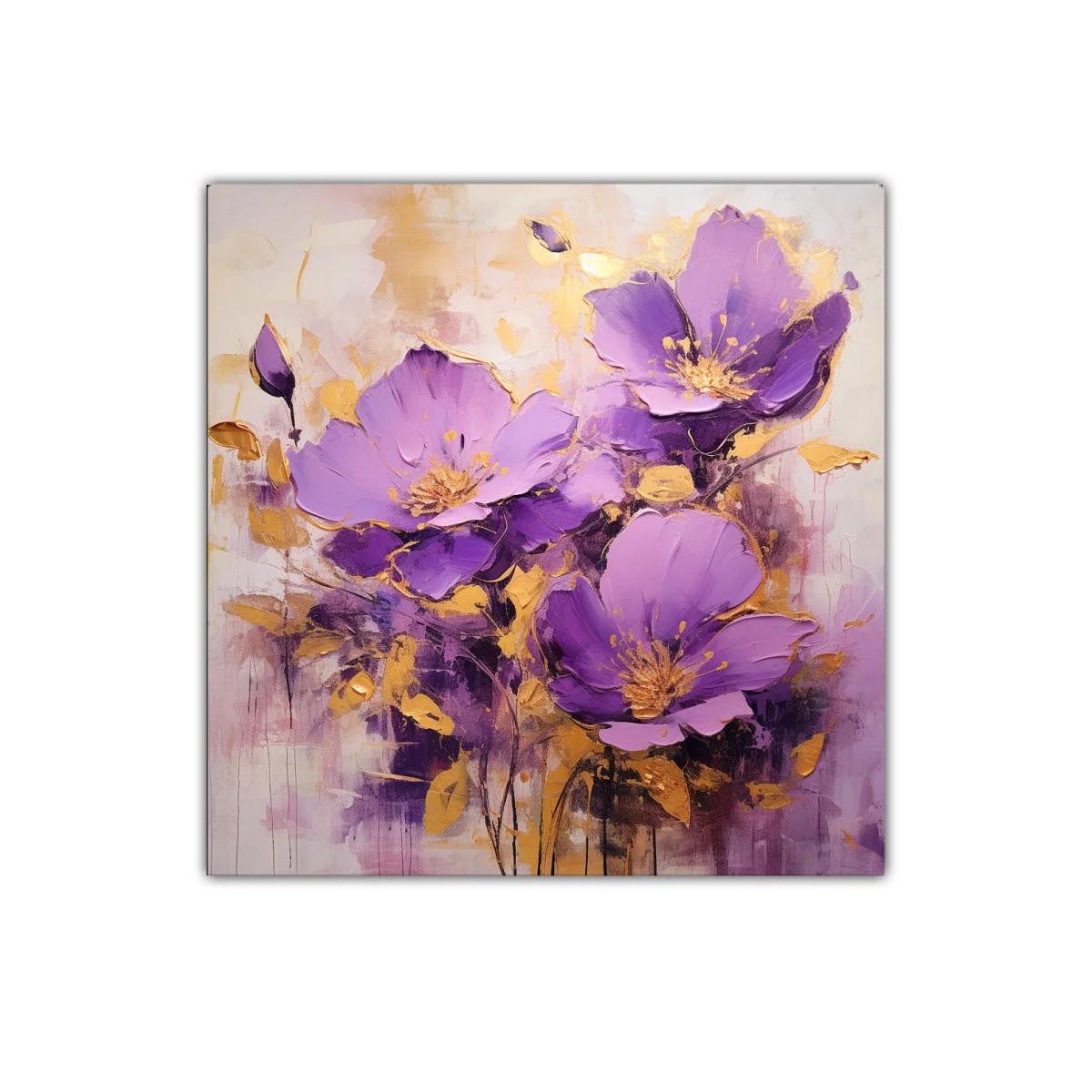 Cuadro decorativo de flores moradas con detalles dorados — imagen principal