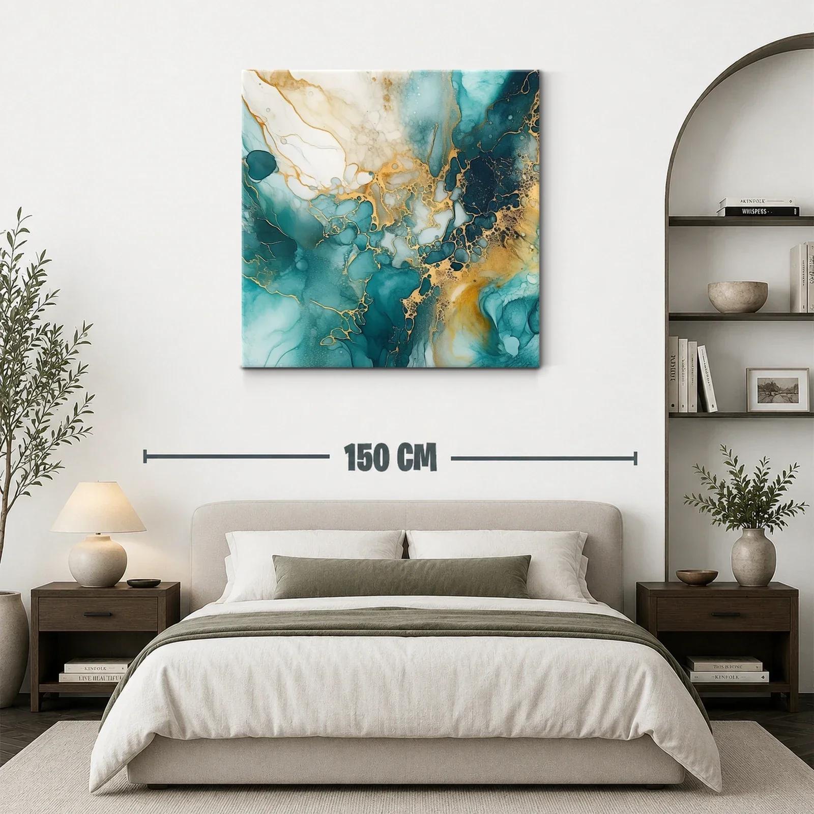 Cuadro abstracto con tonos turquesa y dorado brillante — miniatura 3