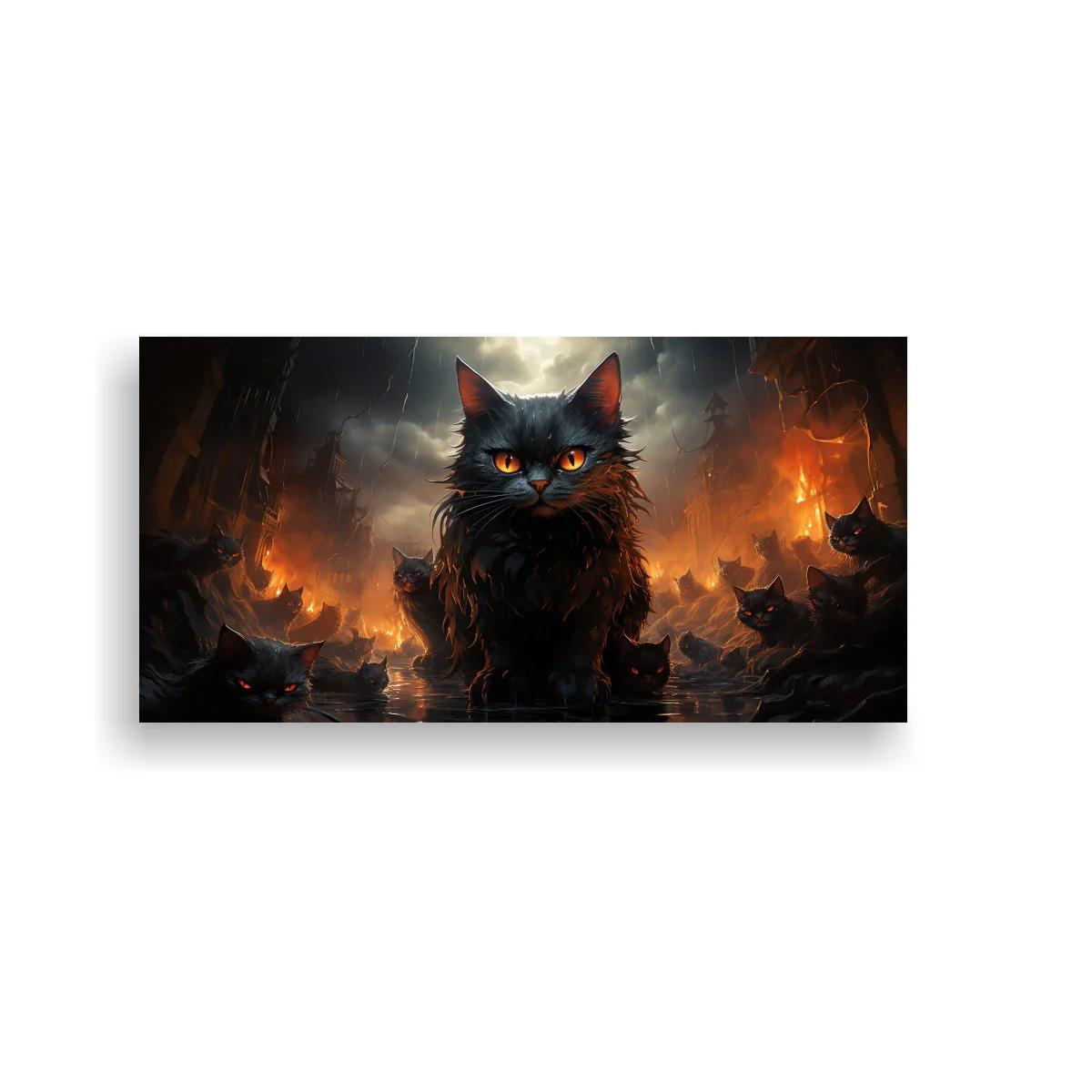 Cuadro gato negro de ojos naranjas entre humo y llamas