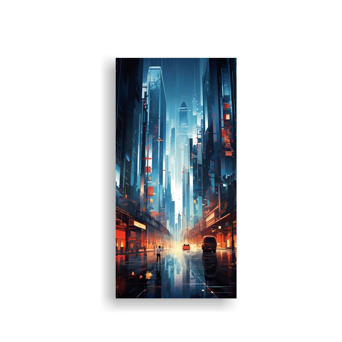 Cuadro ciudad futurista entre neblina azul