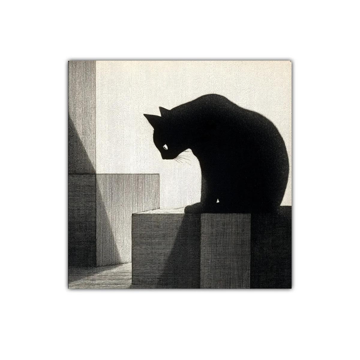 Silueta de gato oscuro sobre cubos geométricos