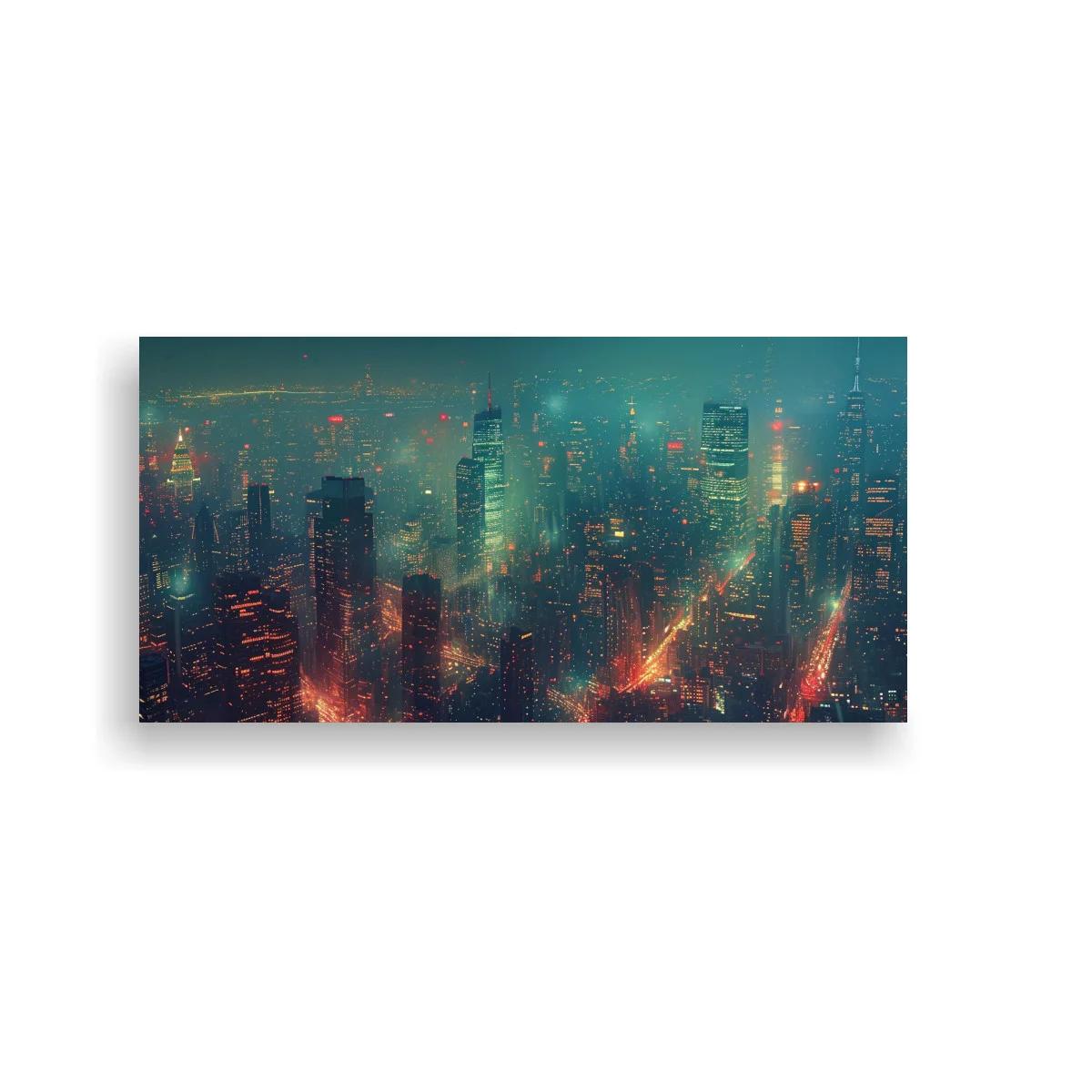 Cuadro skyline urbano nocturno con neblina y líneas de luz — imagen principal
