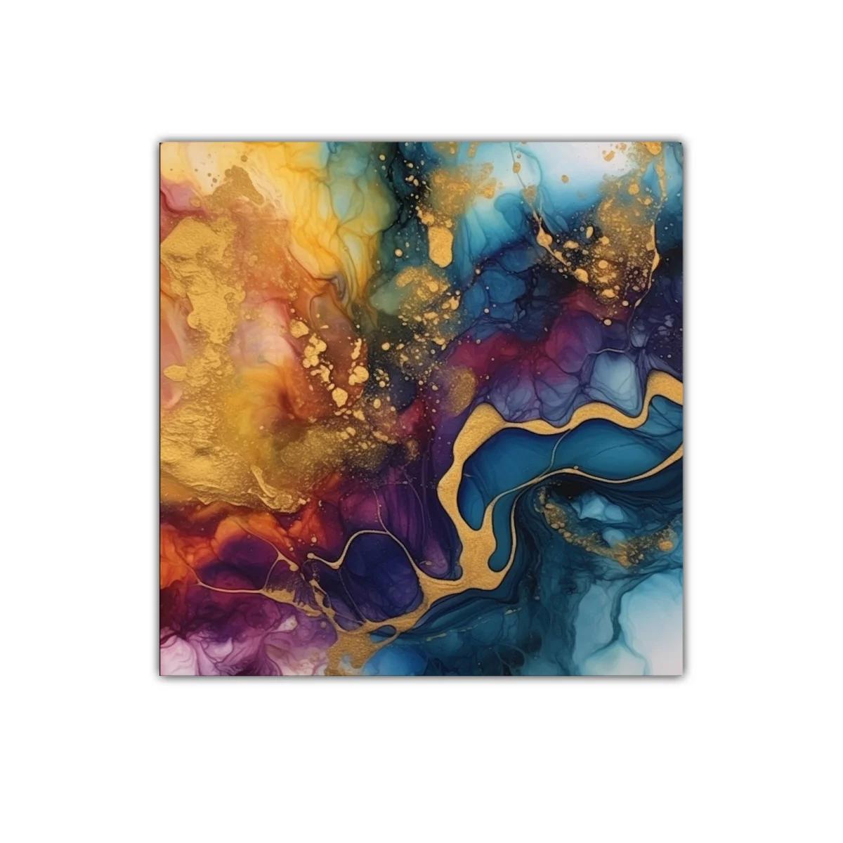 Cuadro abstracto con tonos dorados y azulados vibrantes