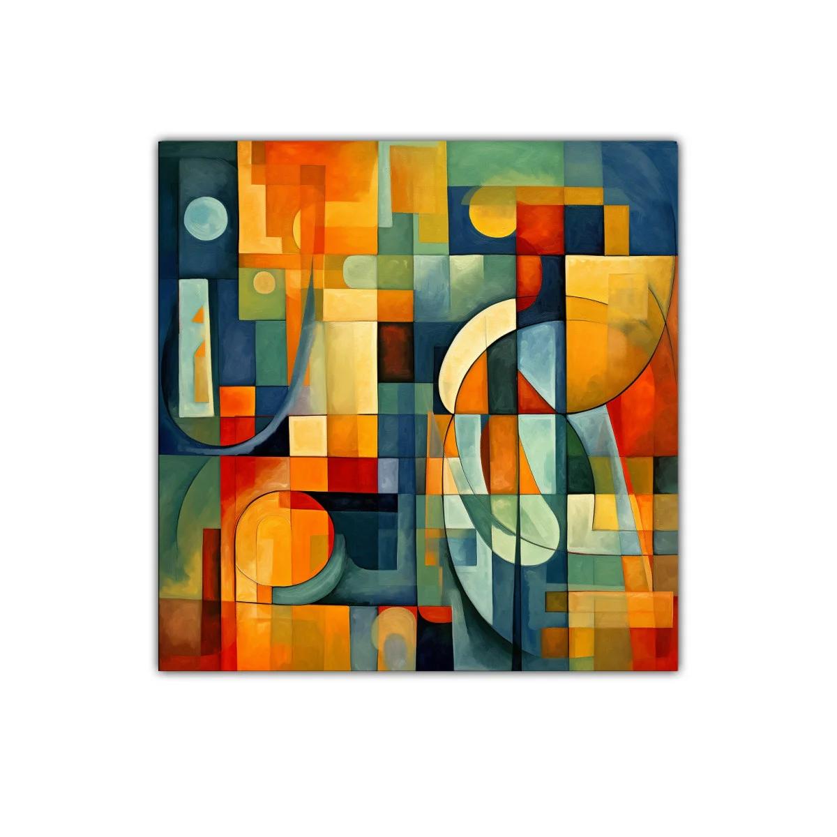 Cuadro abstracto con formas geométricas y colores cálidos