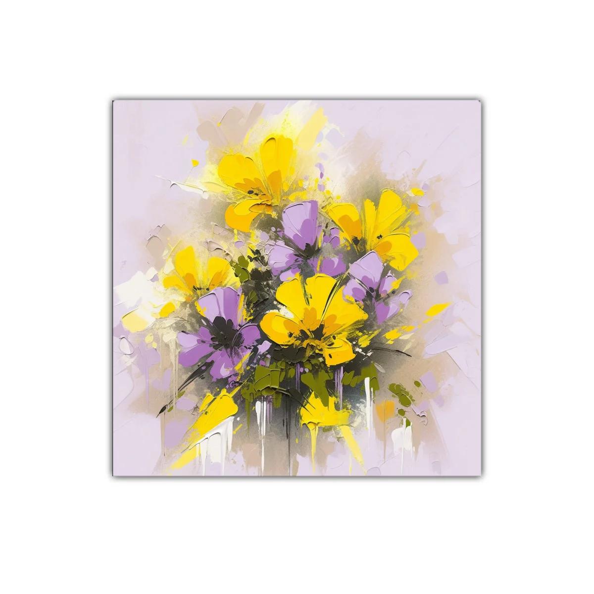 Cuadro vibrante con flores amarillas y lilas para decorar — imagen principal