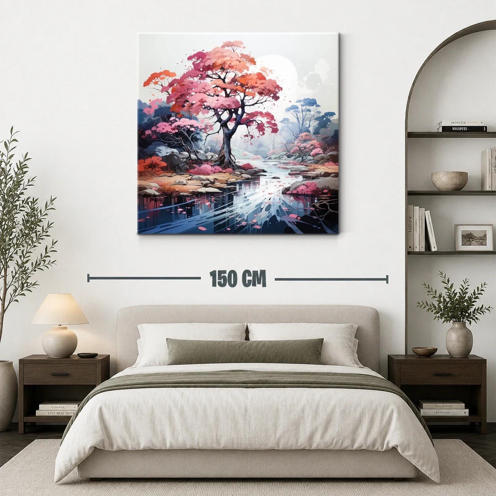 Paisaje sereno con árbol rosa junto a río reflejante — miniatura 3