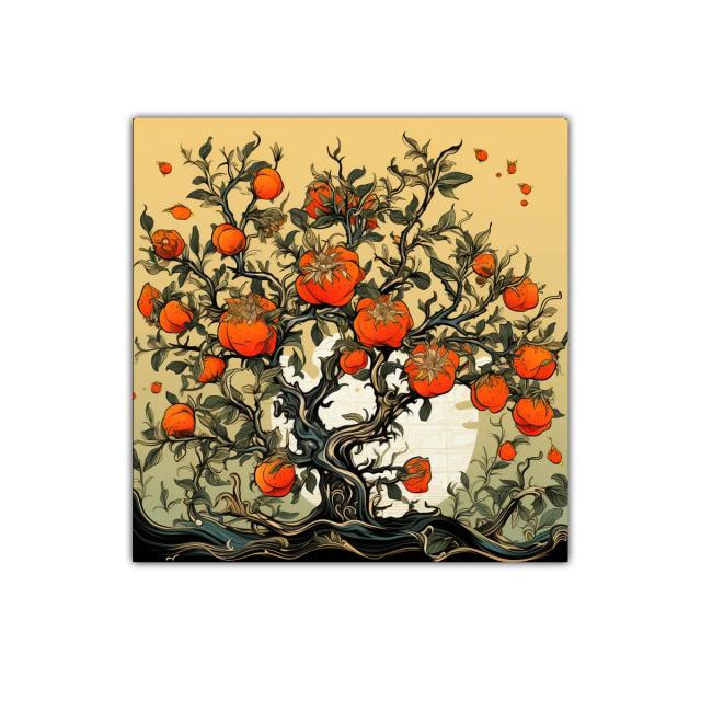 Árbol ornamental con frutos naranja vibrante y follaje detallado