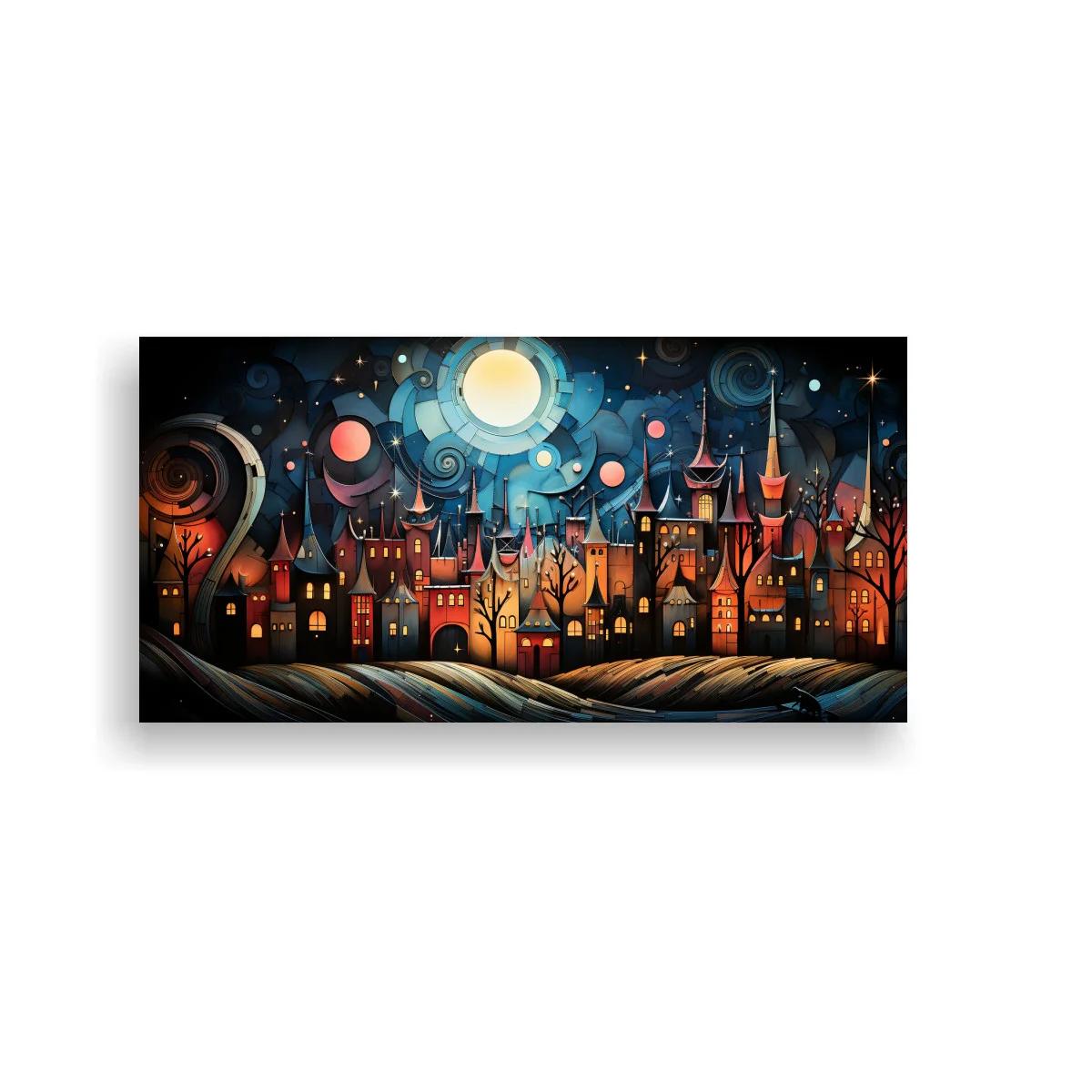 Cuadro ciudad de fantasía nocturna con luna grande
