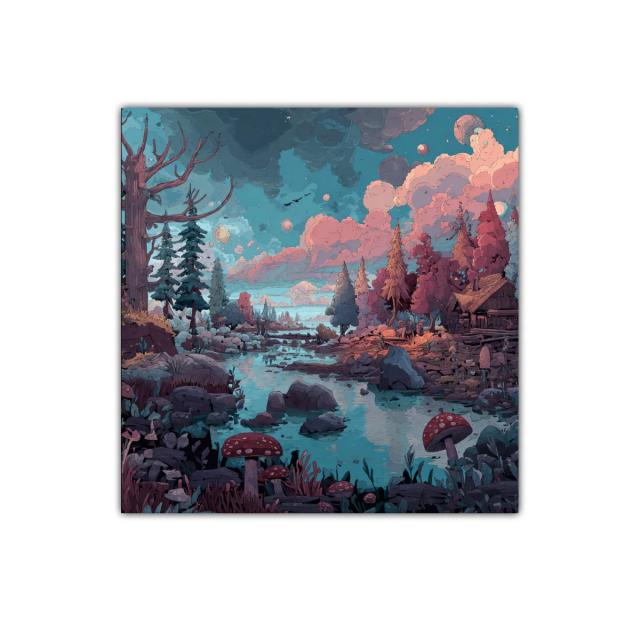 Paisaje encantado con río y bosque en tonos pastel