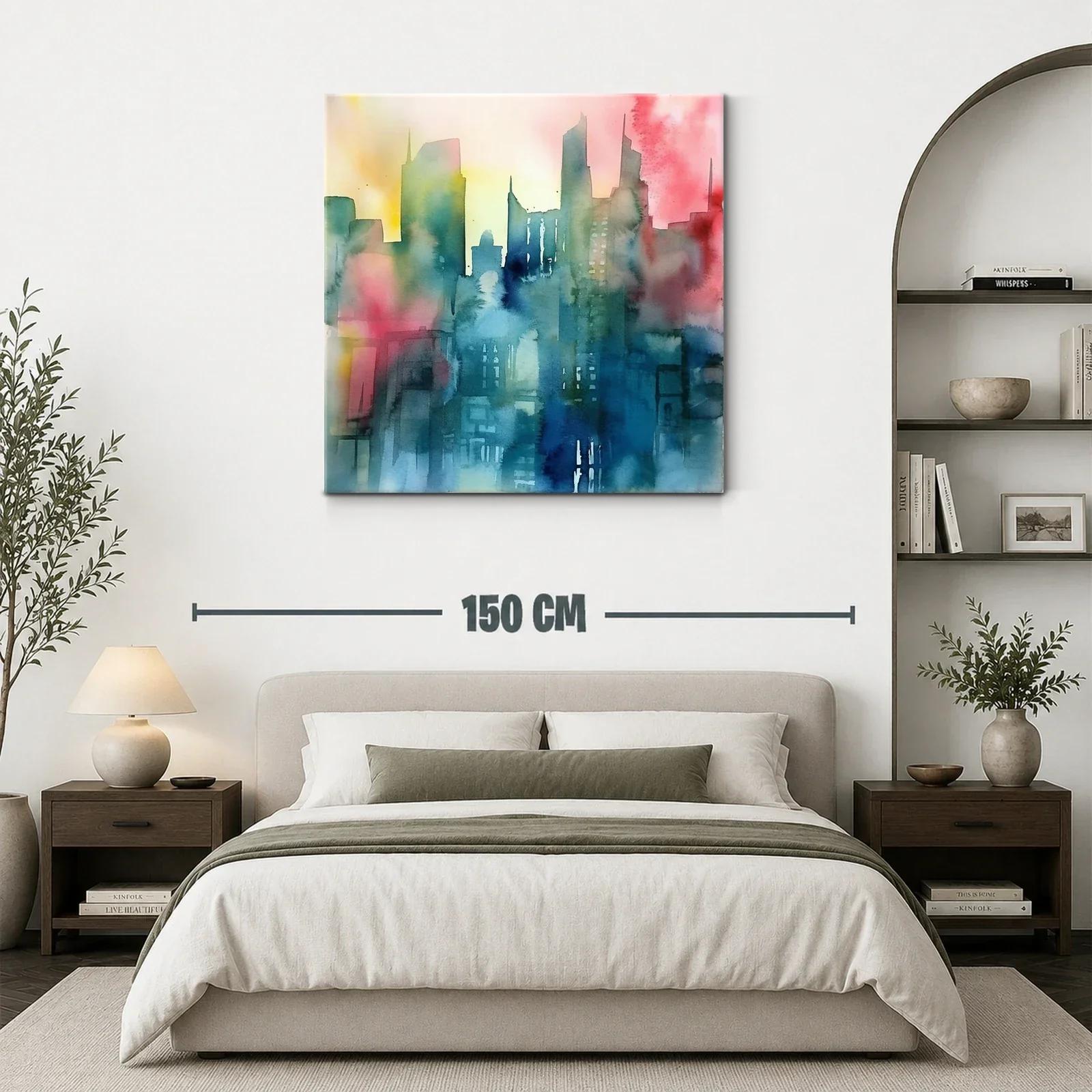Cuadro abstracto de ciudad con tonos vibrantes y suaves — miniatura 3