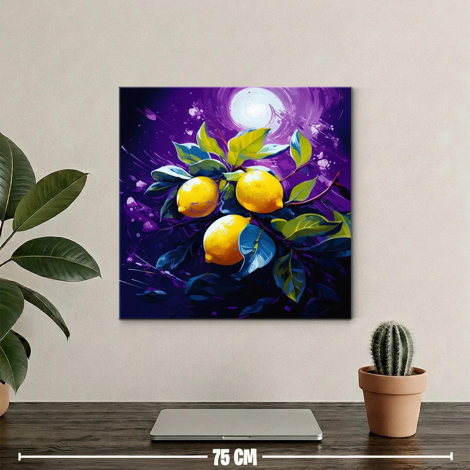 Cuadro vibrante con limones y hojas sobre fondo púrpura — miniatura 2