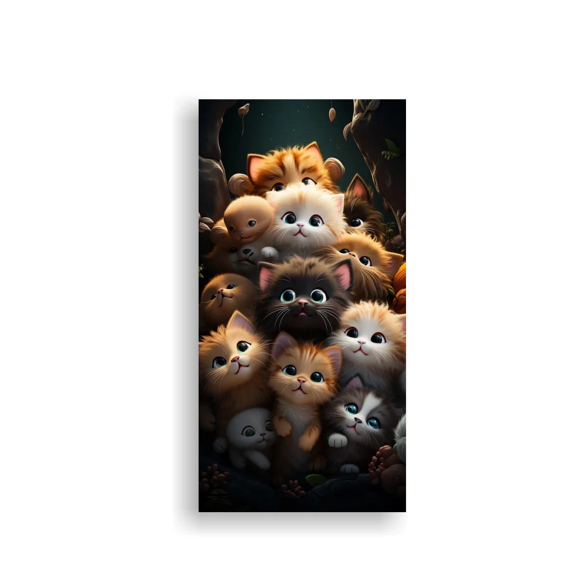 Cuadro grupo de gatitos entre hojas oscuras
