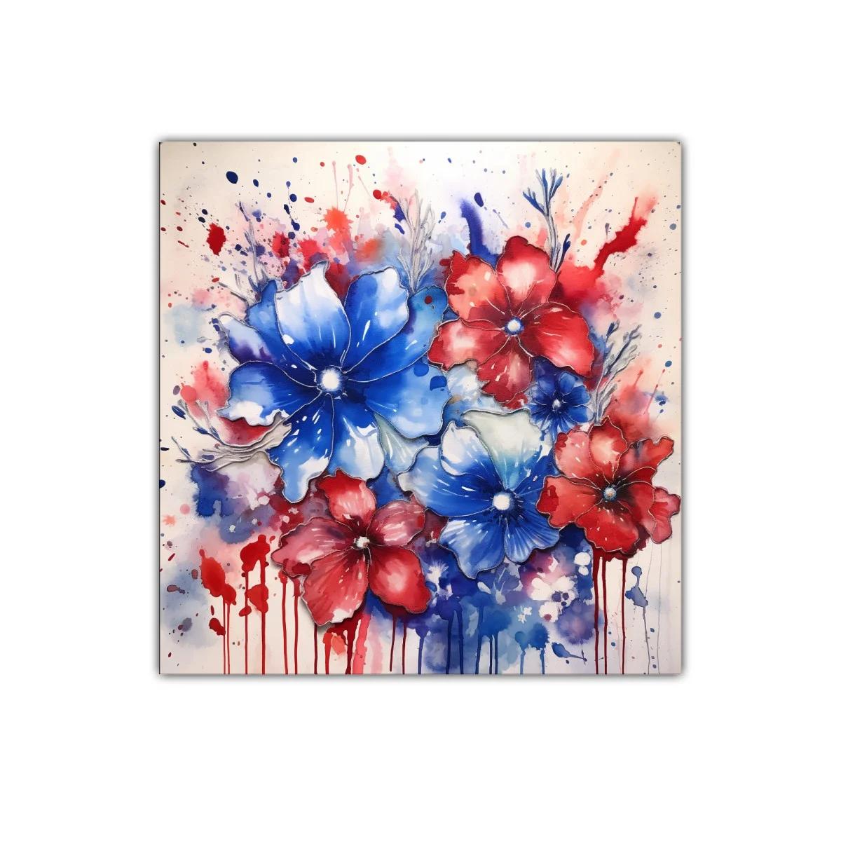Cuadro floral vibrante en tonos rojo y azul intensos
