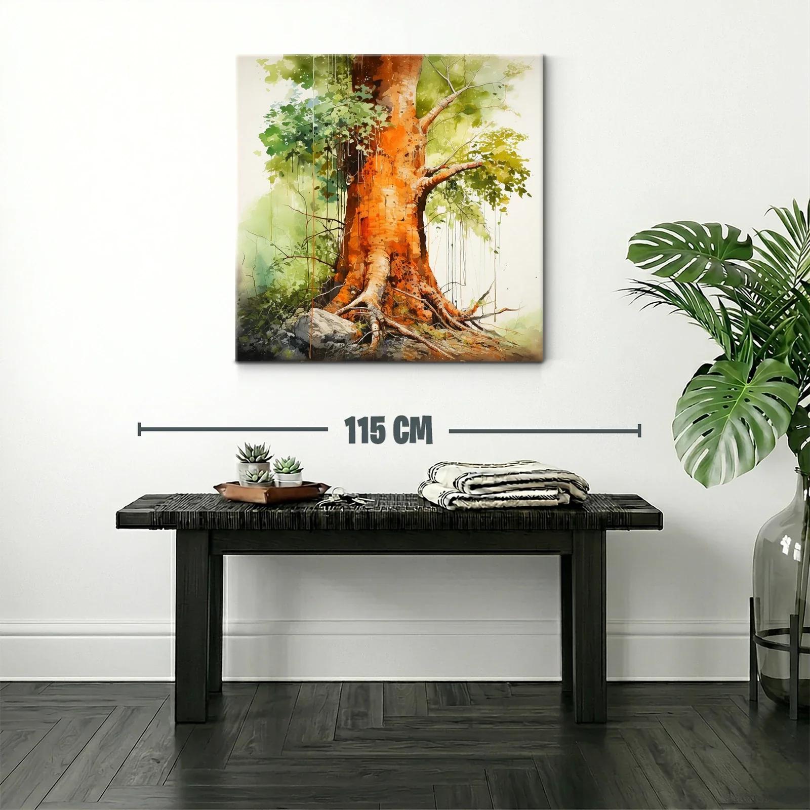 Raíces y tronco de árbol con tonos cálidos y verdes vivos — miniatura 2
