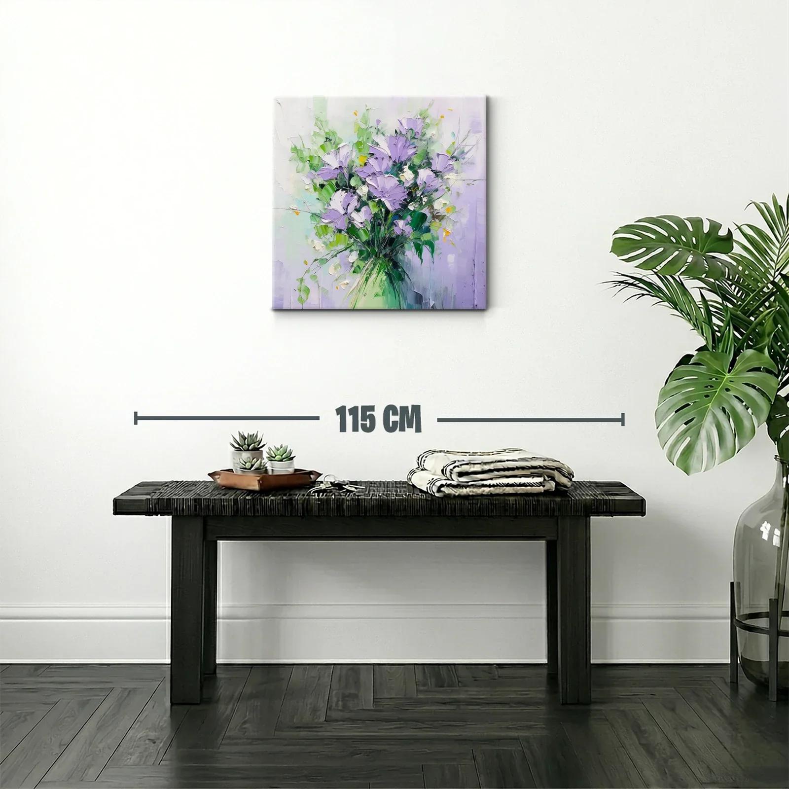 Cuadro moderno con ramo floral en tonos lilas y verdes — miniatura 2