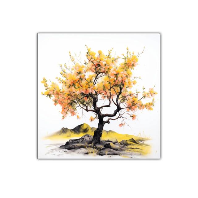 Arbol con flores amarillas y naranjas sobre rocas y paisaje