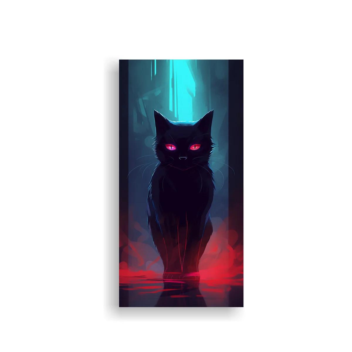 Cuadro gato negro de ojos brillantes y resplandor turquesa