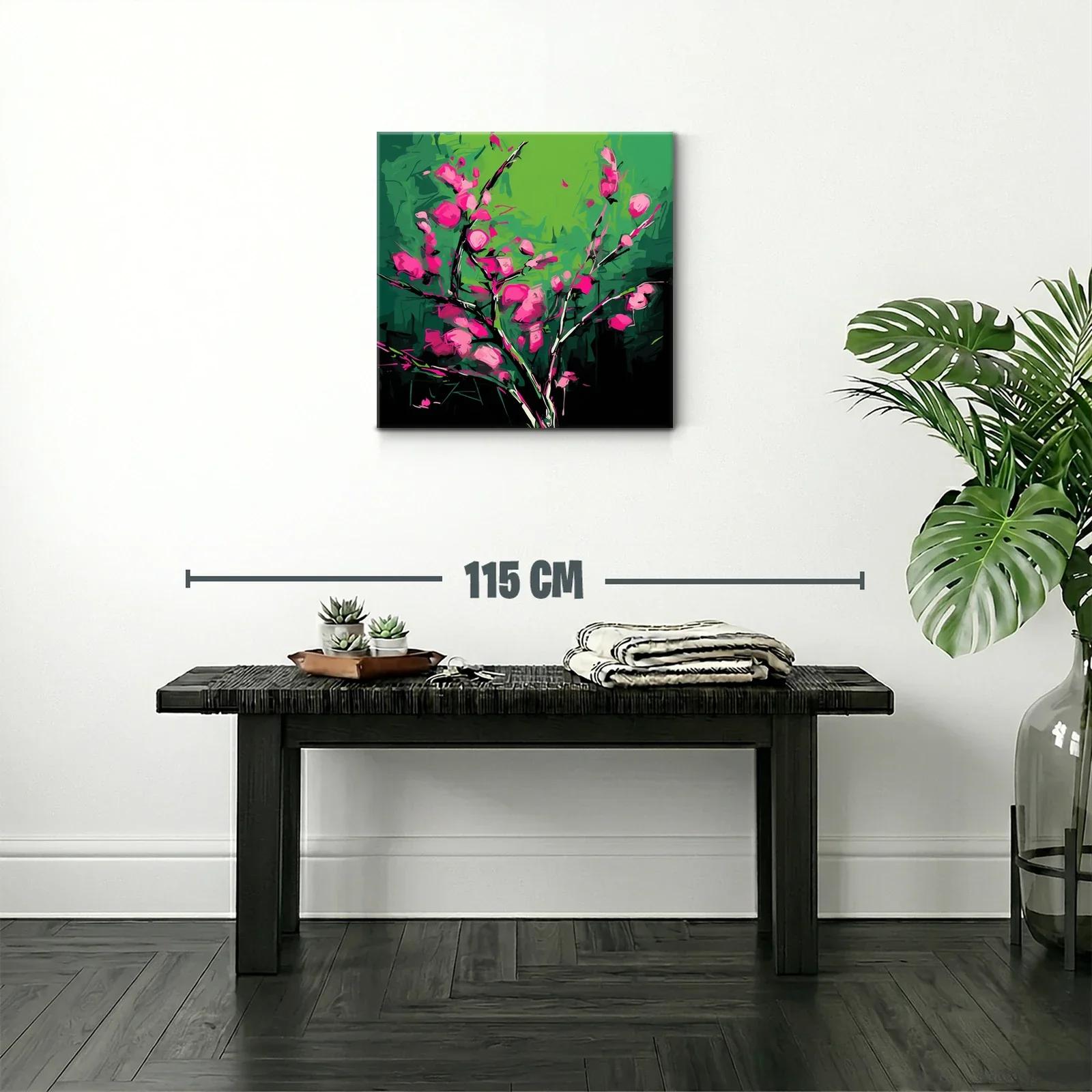 Cuadro vibrante con flores fucsias sobre fondo verde — miniatura 2