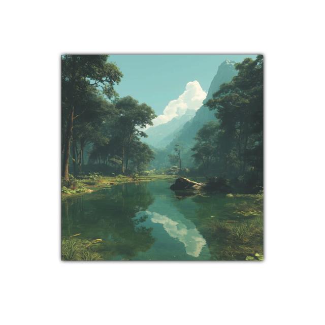 Serena vista natural con montaña y río en calma