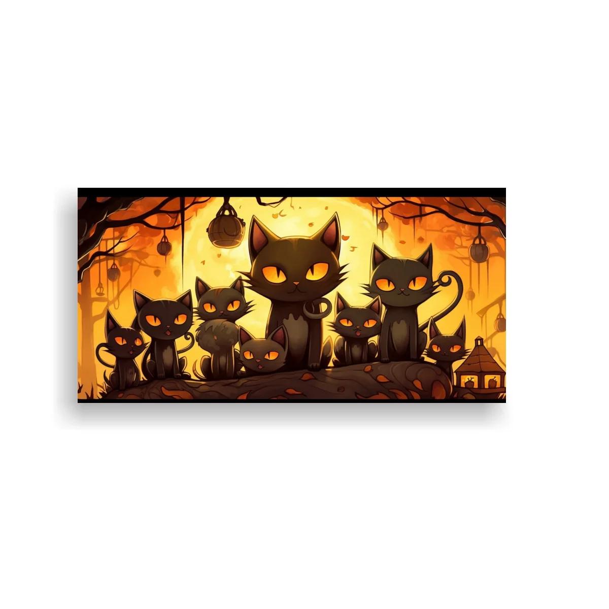 Cuadro grupo de gatos negros con casitas iluminadas