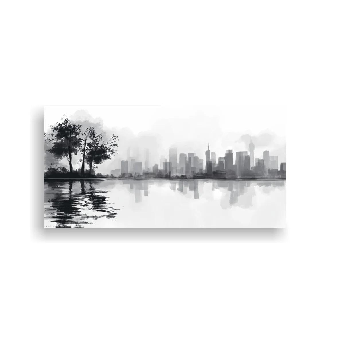 Cuadro skyline urbano con reflejo amplio en el agua
