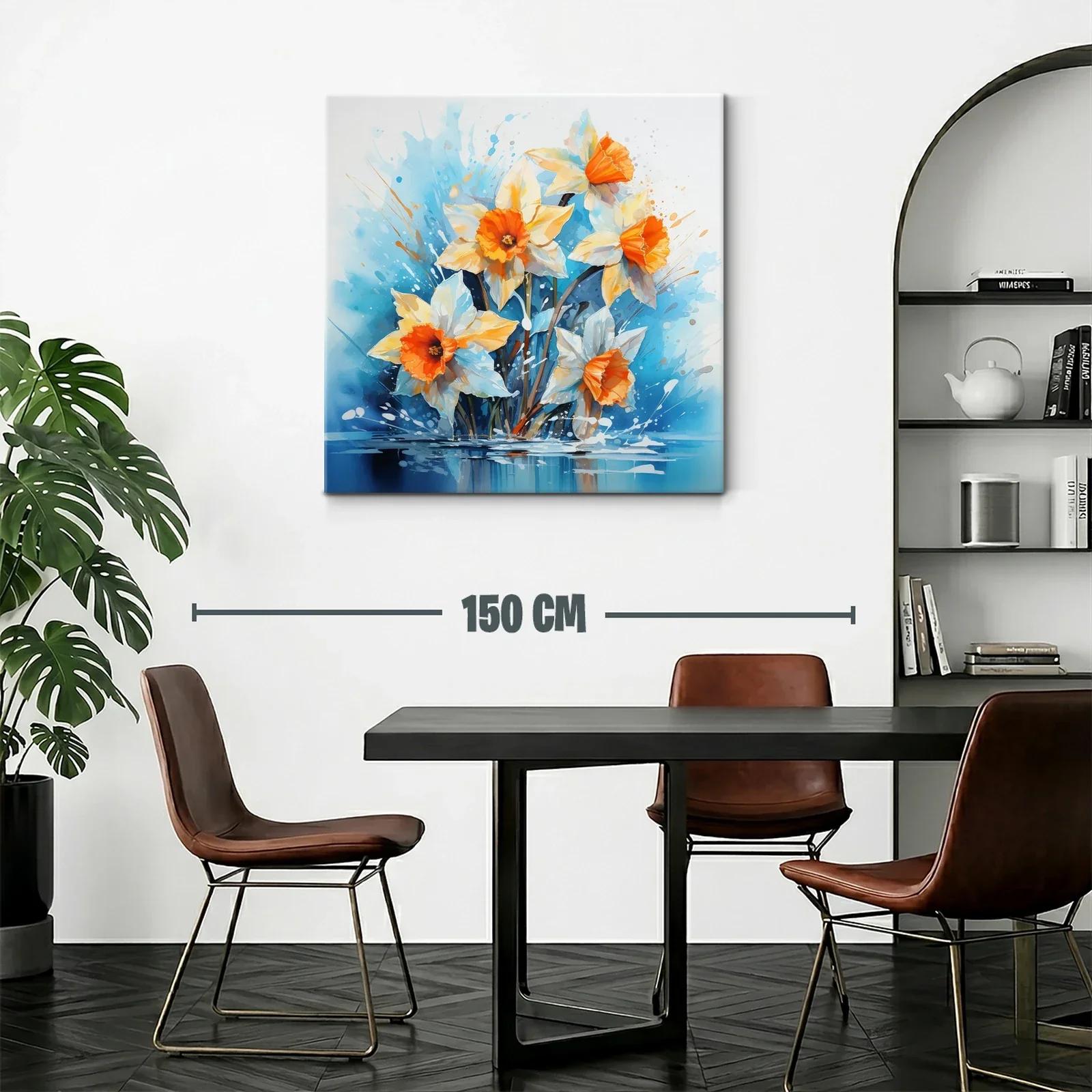 Cuadro floral vibrante con narcisos anaranjados y fondo azul — miniatura 2