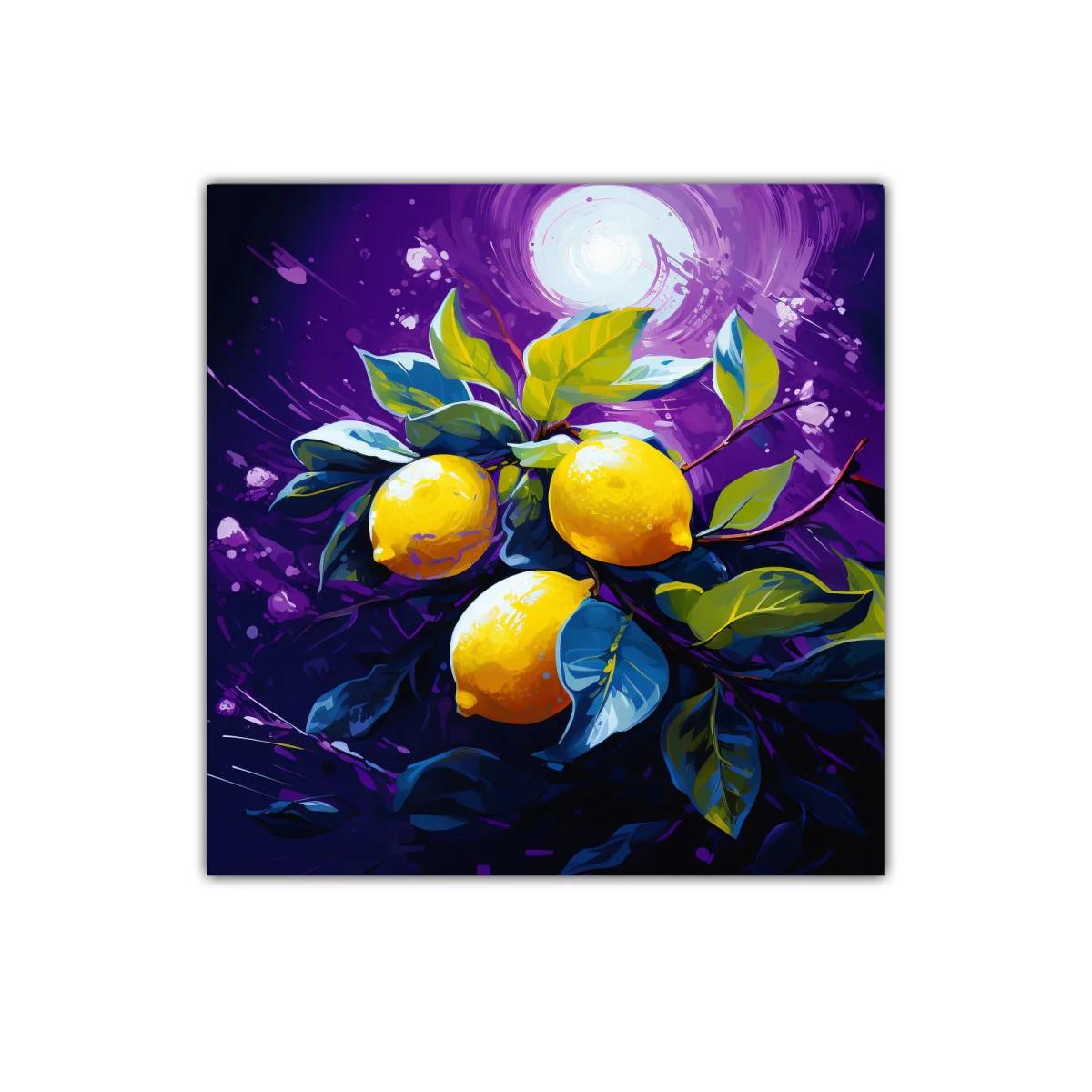 Cuadro vibrante con limones y hojas sobre fondo púrpura — imagen principal