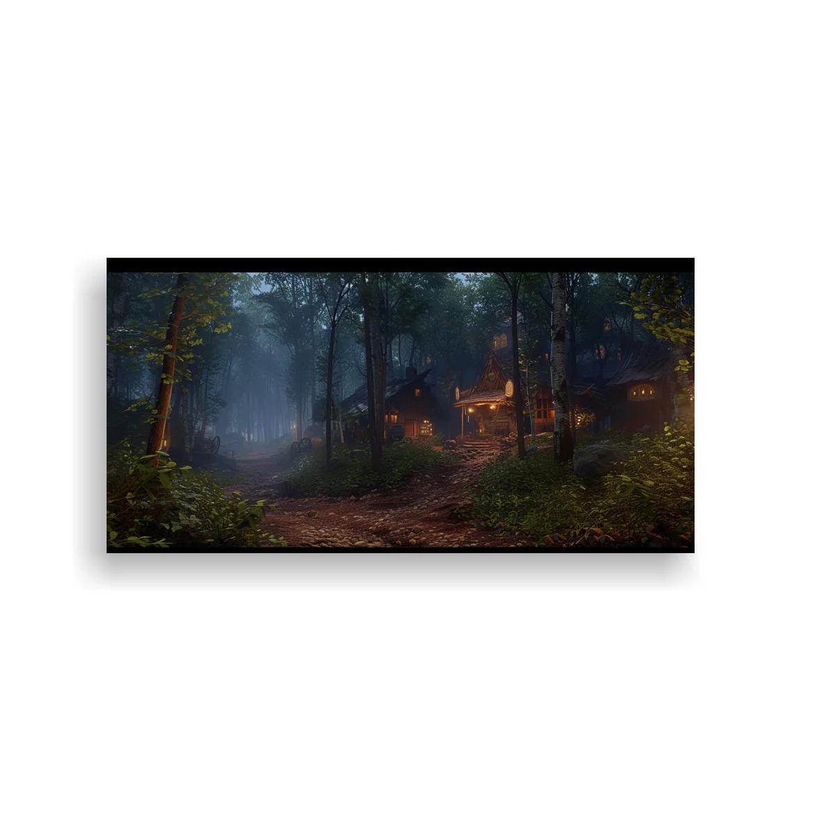 Cuadro bosque nocturno con cabaña iluminada y farol