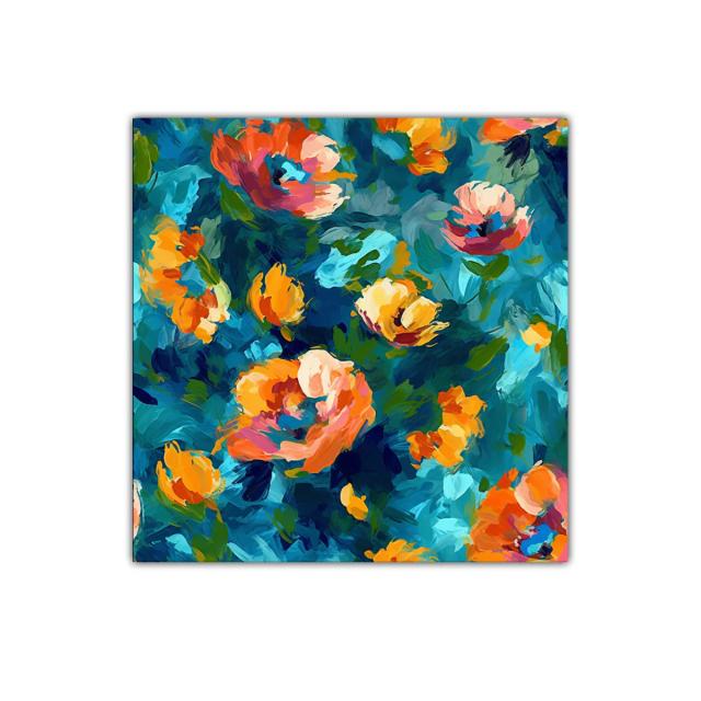 Cuadro decorativo con flores vibrantes y fondo azul