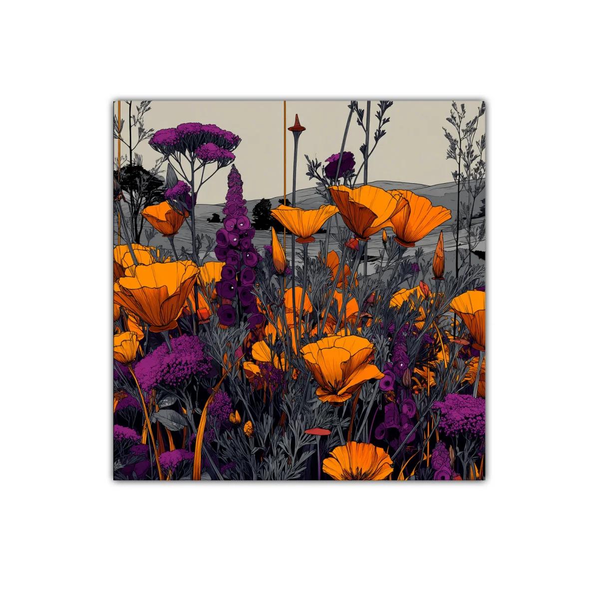 Cuadro decorativo con flores vibrantes en tonos naranjas y lilas — imagen principal