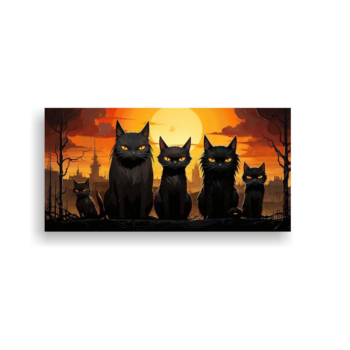 Cuadro cinco gatos negros ante un gran disco luminoso