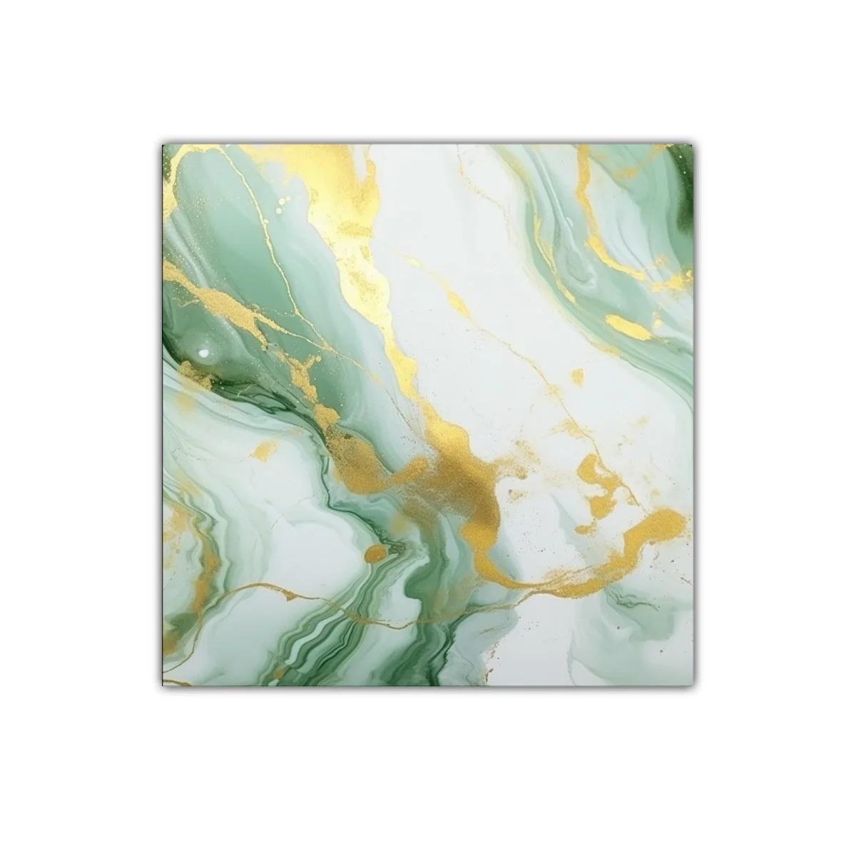 Cuadro abstracto en tonos verdes con destellos dorados elegantes