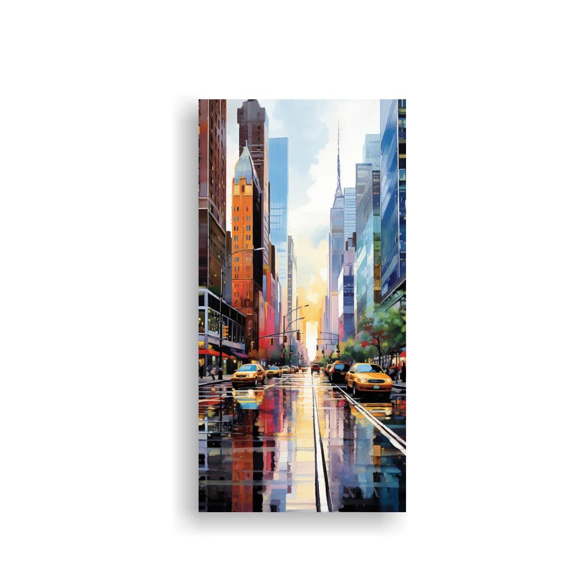 Cuadro avenida urbana con taxis amarillos y reflejos