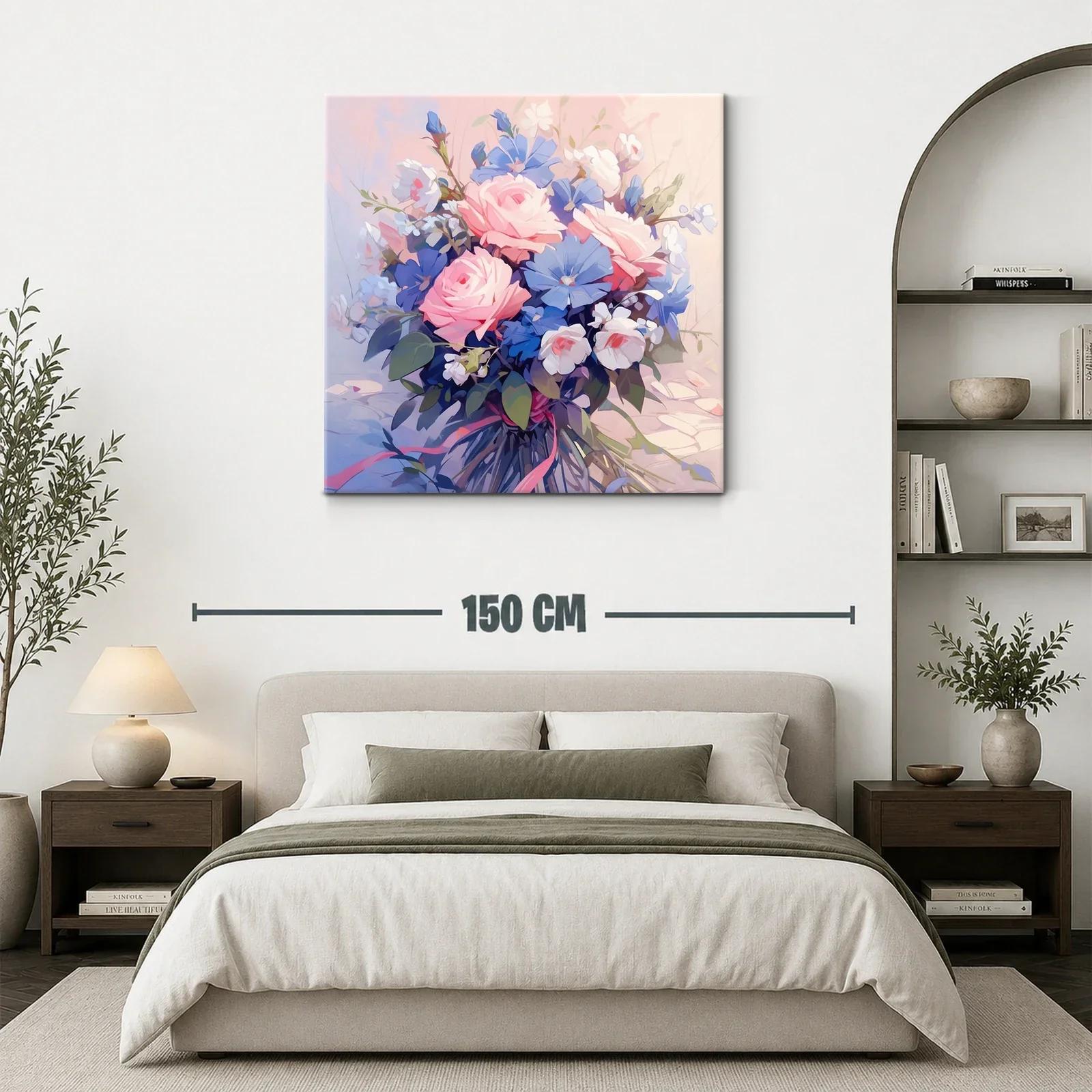Ramo delicado de rosas rosadas y flores azules frescas — miniatura 3