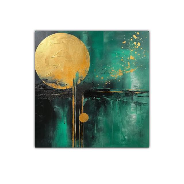 Cuadro abstracto con círculos dorados y fondo verde intenso