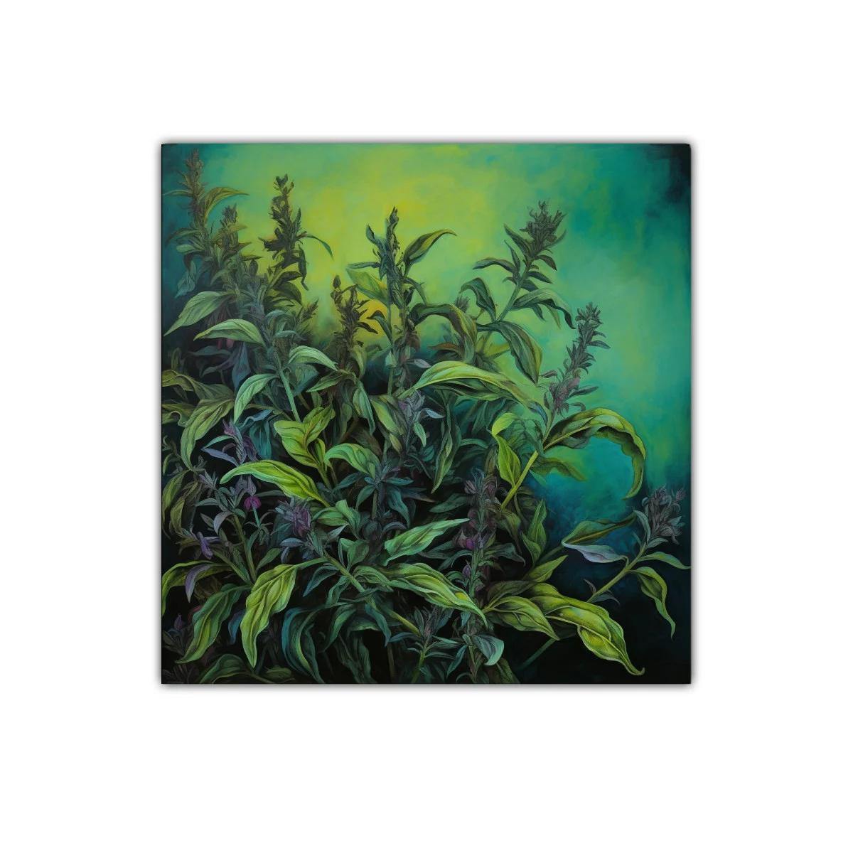 Cuadro de plantas verdes con fondo turquesa y verde lima — imagen principal