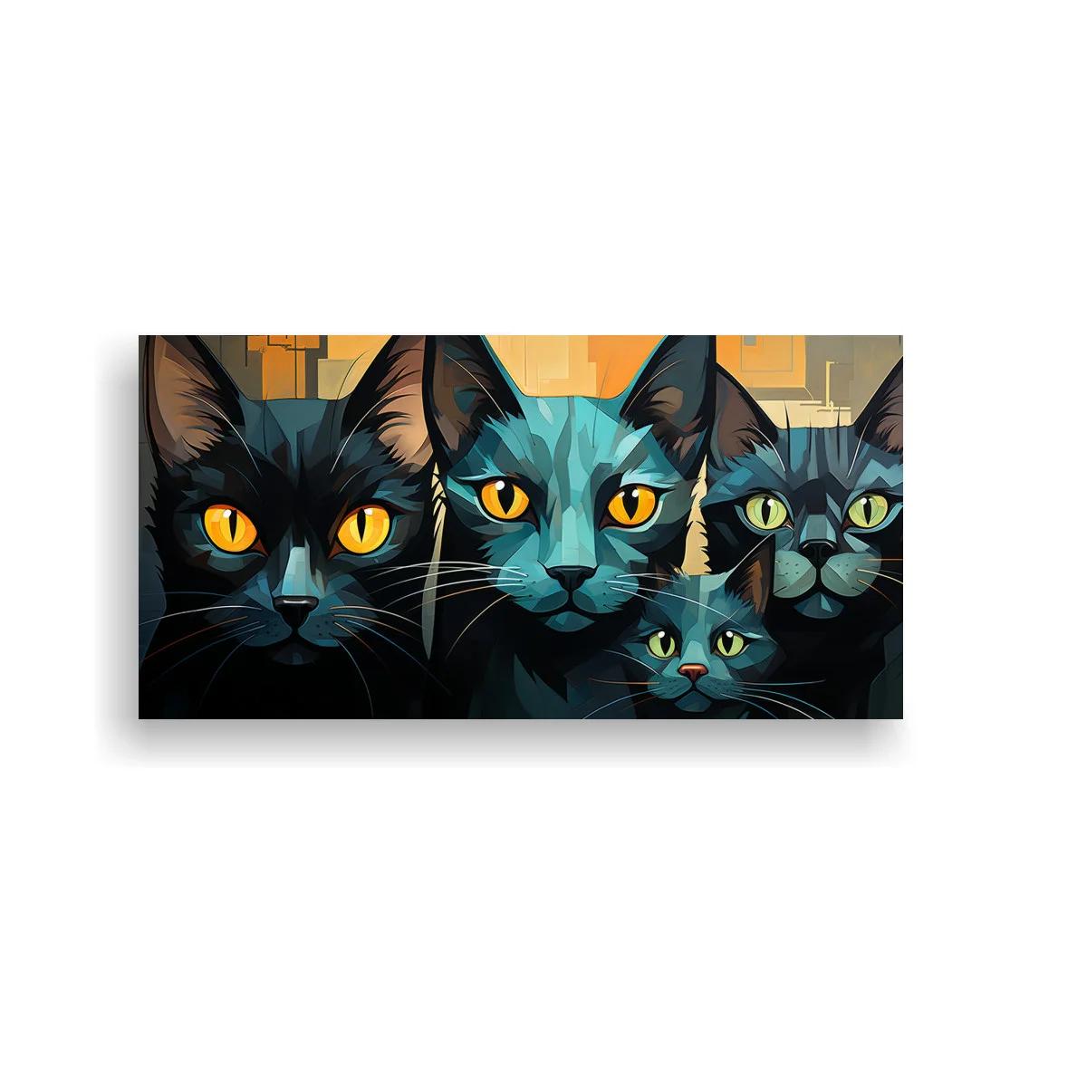Cuadro grupo de gatos negros y turquesa con miradas frontales