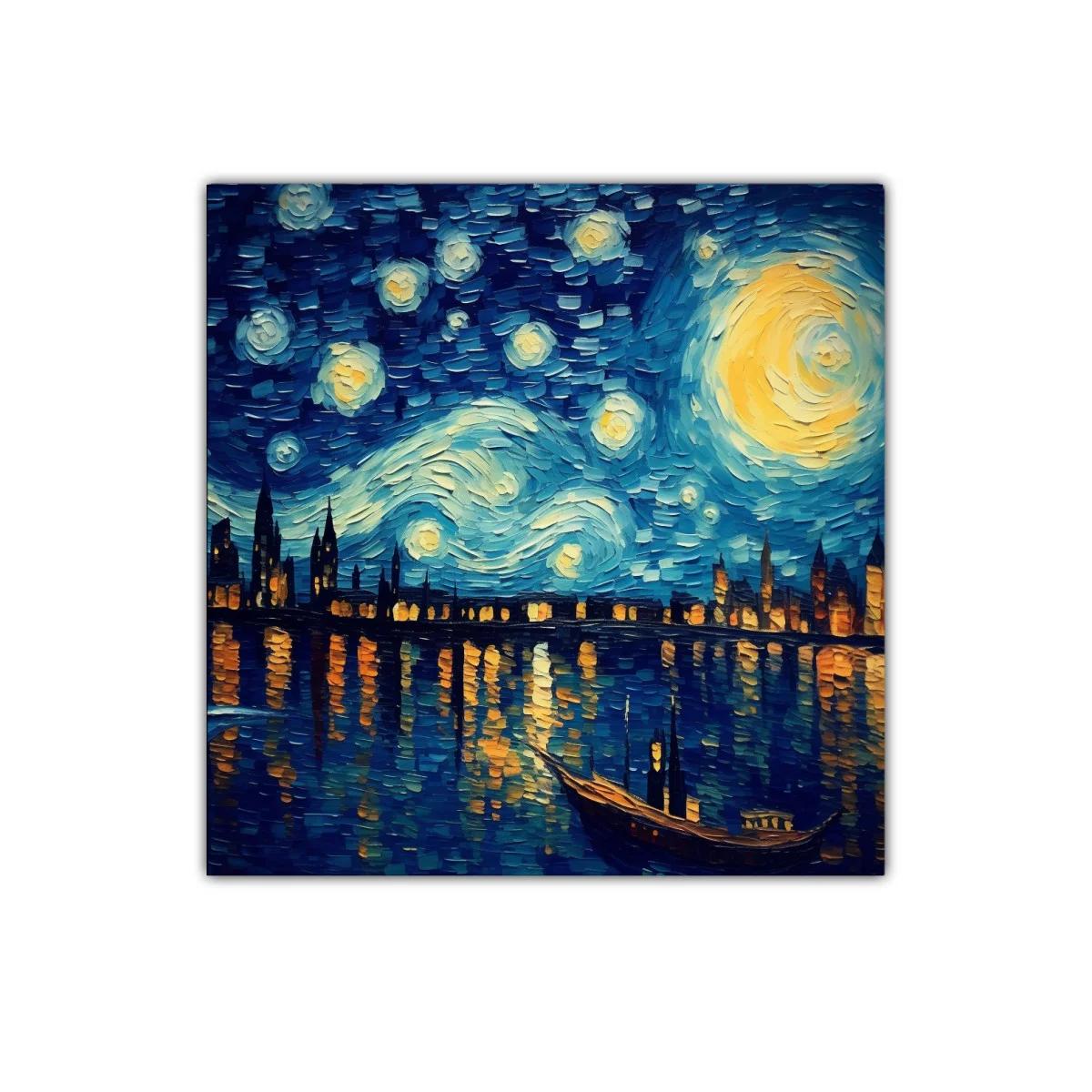 Paisaje nocturno vibrante con cielo estrellado y reflejos urbanos
