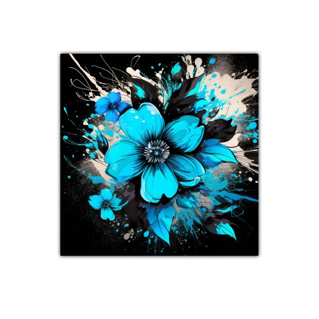 Floral azul vibrante con fondo oscuro y contrastes intensos