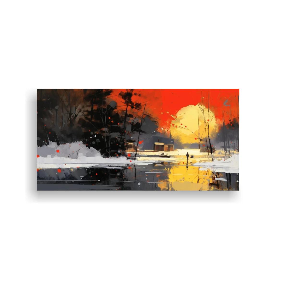 Cuadro paisaje abstracto con sol poniente y figuras lejanas