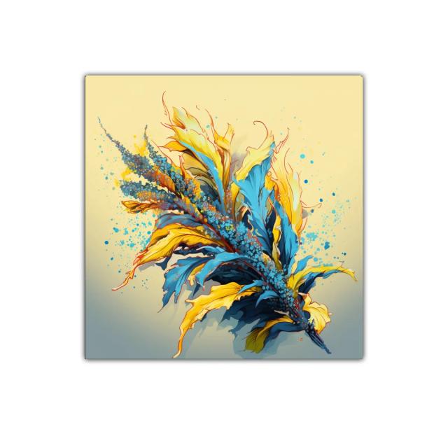 Composición vibrante de hojas y flores en tonos azules y amarillos