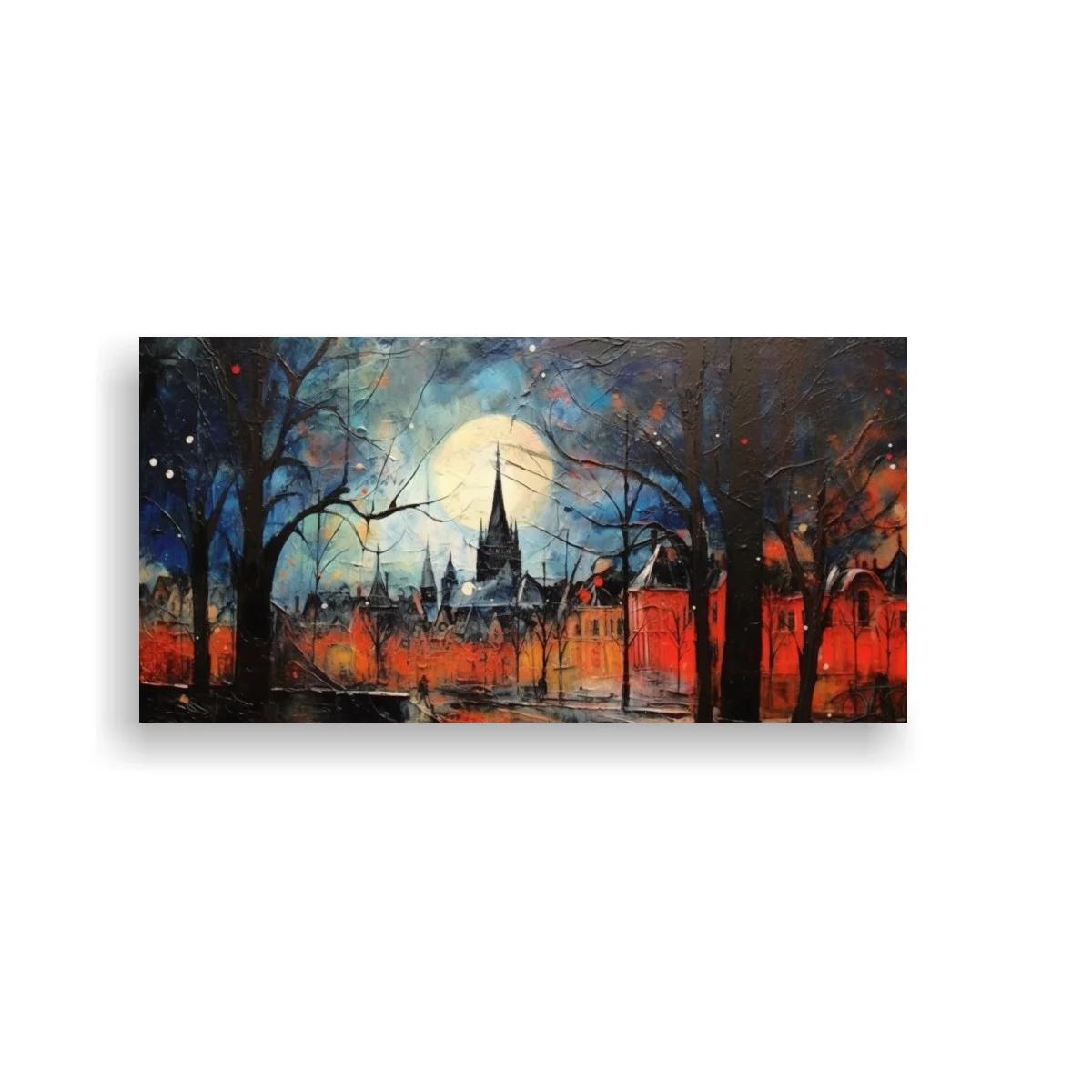 Cuadro skyline urbano con iglesia bajo la luna