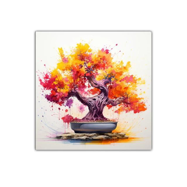 Árbol bonsái vibrante con explosión de colores cálidos