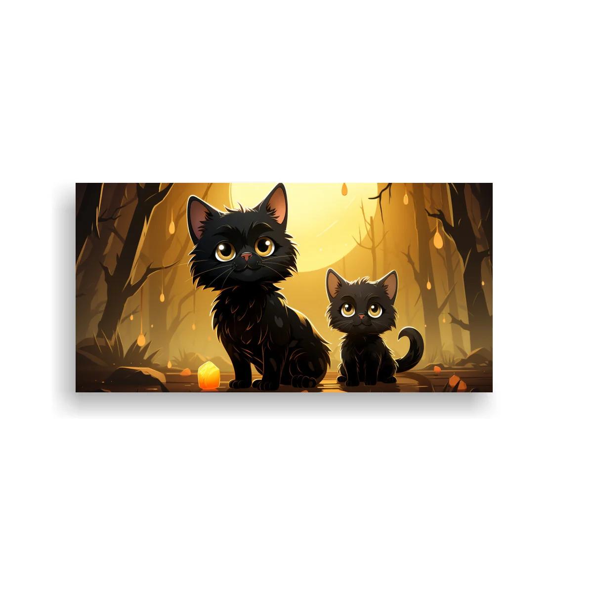 Cuadro gato negro con luz cálida en el bosque